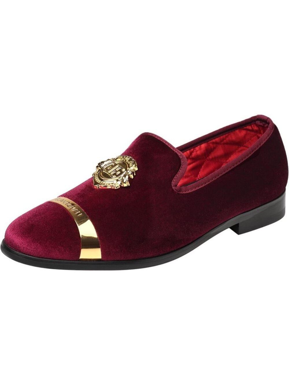 ELANROMAN Men's Wine Velvet Loafers Dress Gold Buckle Wedding Party Prom Shoes